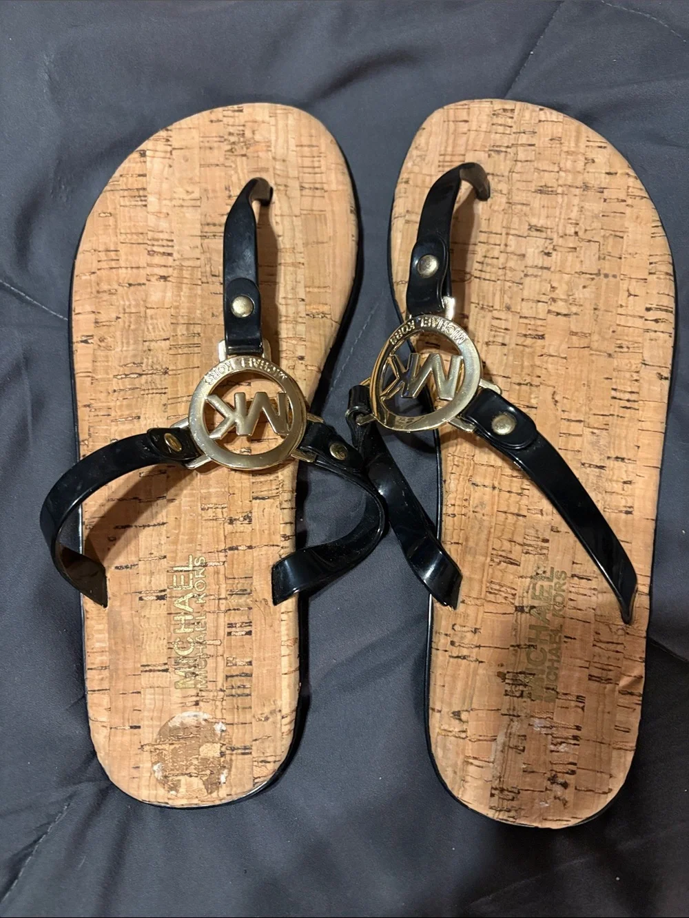 Michael Kors Black Patent Sandal with Gold MK Medallion